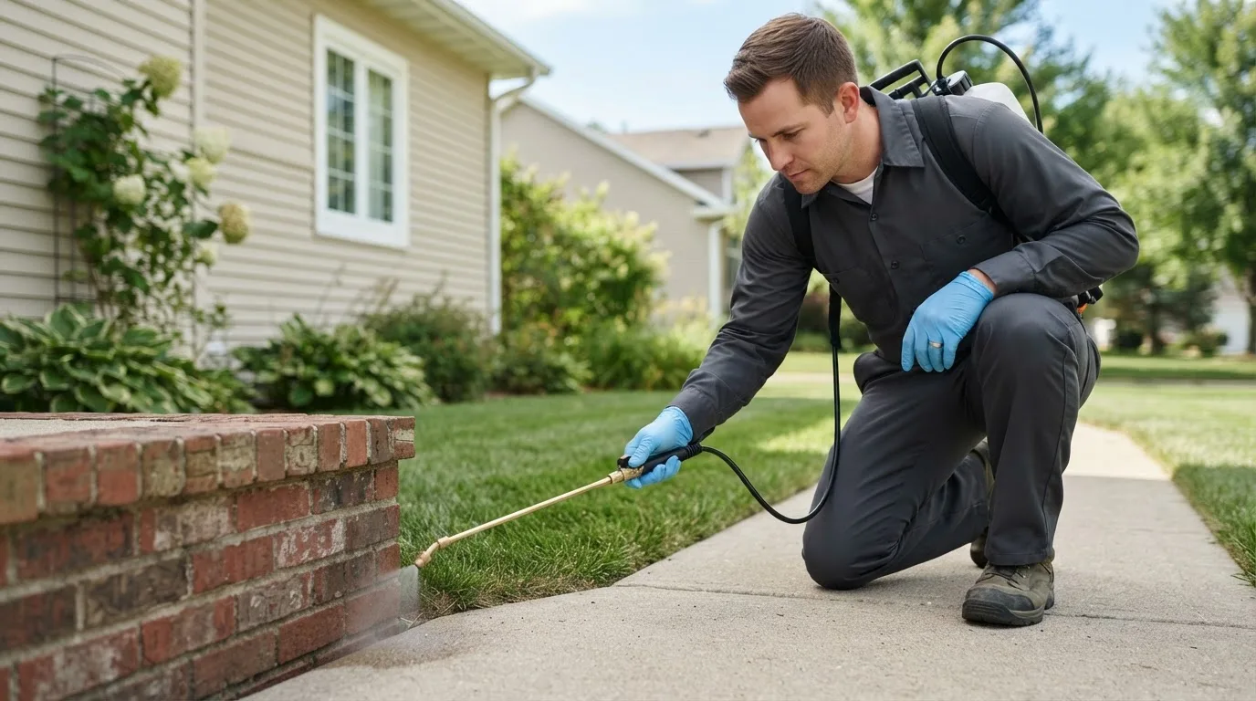 Pest control technician treating a home near Pendleton, IN