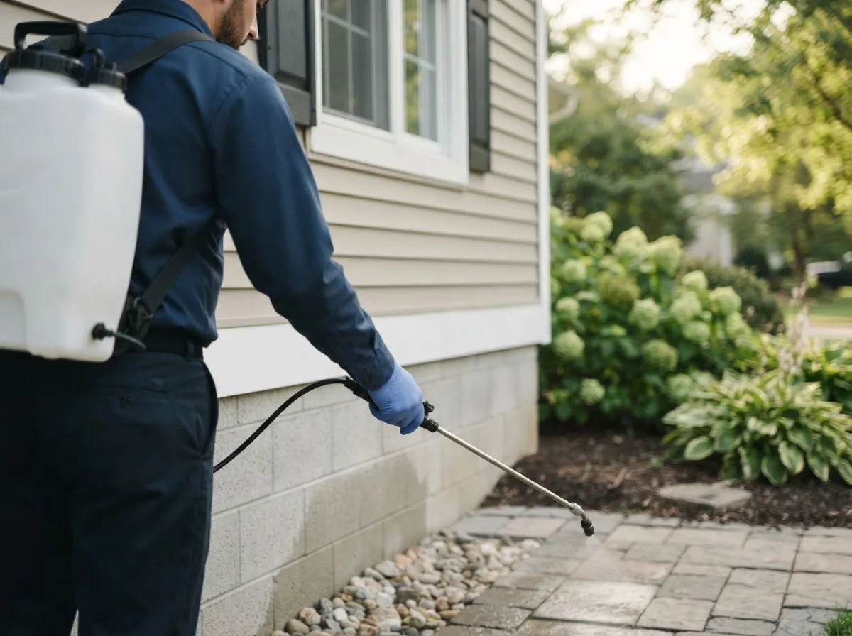 Pest control technician inspecting a home in Pendleton, IN